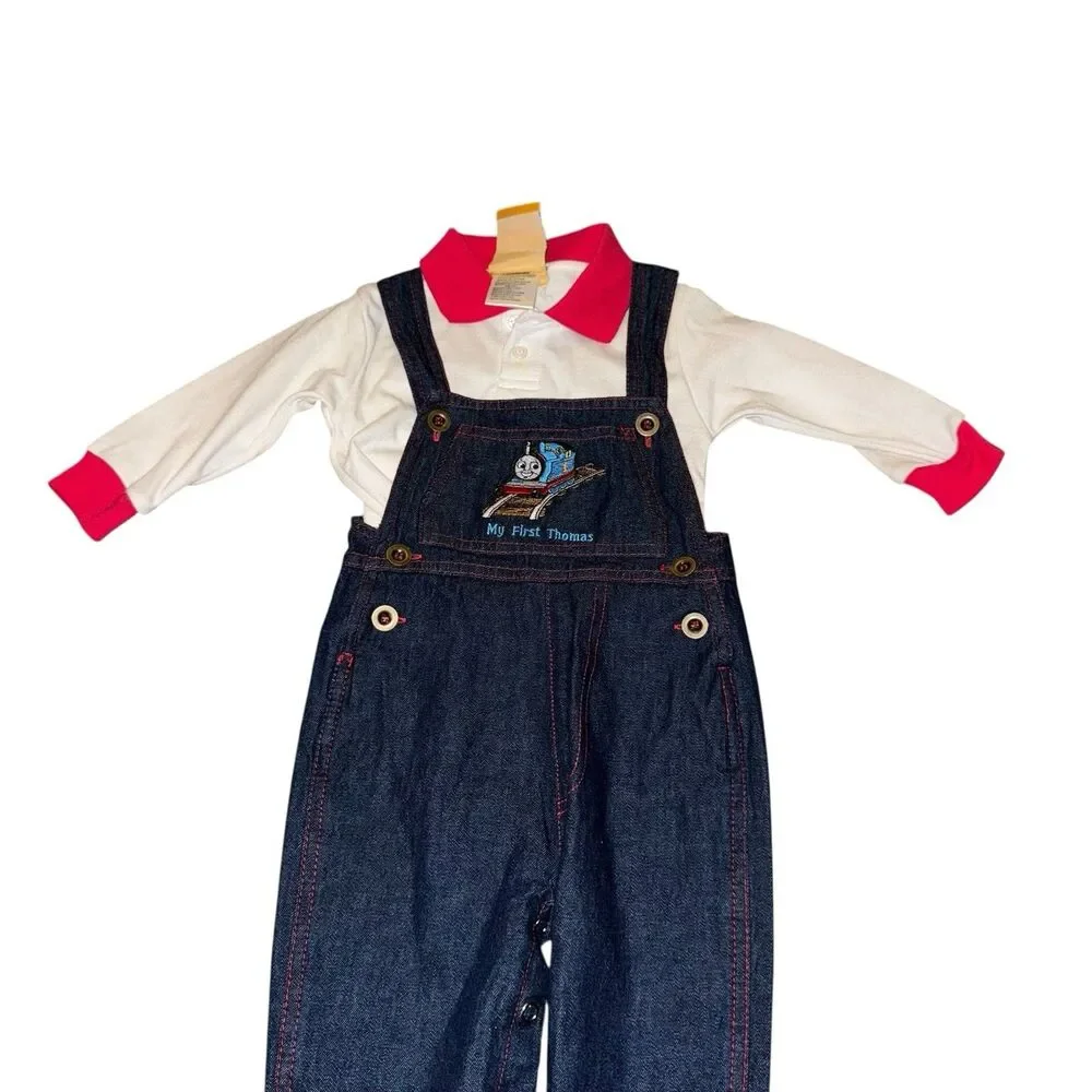 NWT Vintage Y2K Boys Thomas The Train Overalls Denim And Shirt Embroidered‎ 12m